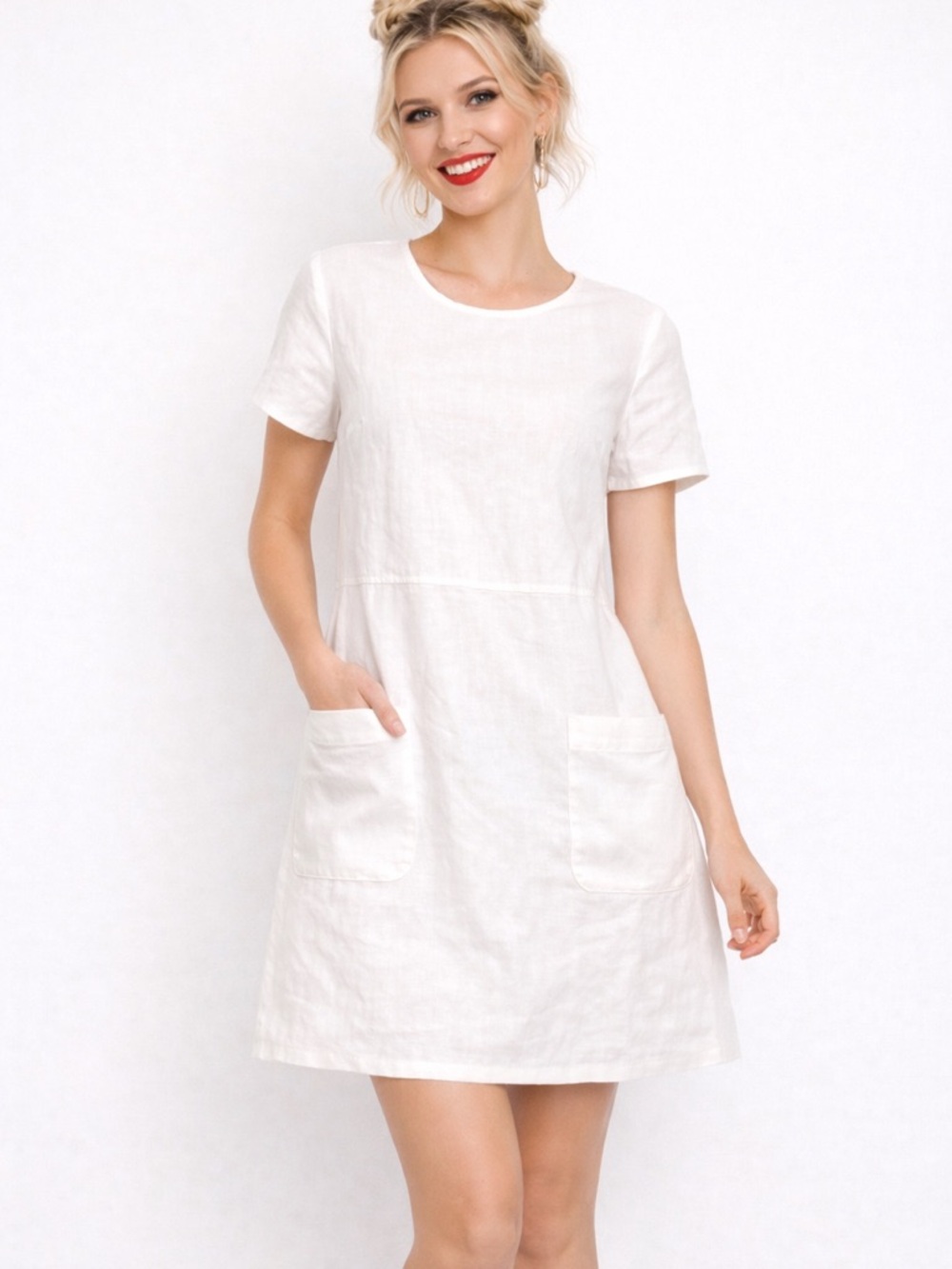 Vintage Andrea Jovine 100% Linen White Mini Dress with Pockets Size 10